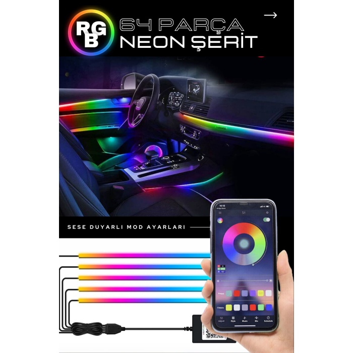 Araç Içi usbli 6 Parça Atmosfer Ambiyans Led Rgb Ip Neon Telefon + Wifi Kontrollü