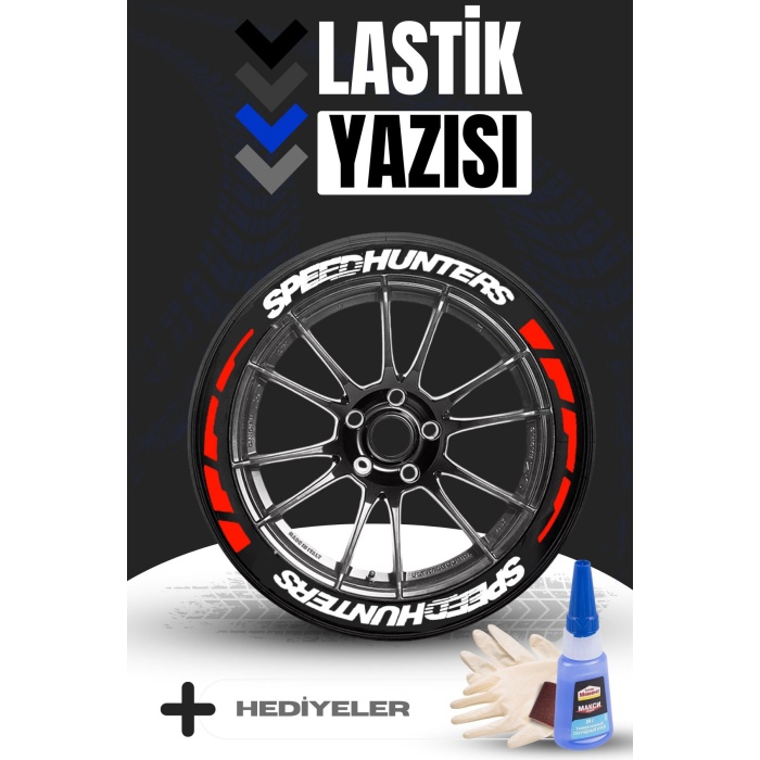 SPEEDHUNTERS BEYAZ Yazılı Kırmızı Şeritli Motosiklet Ve Otomobil Lastik Yazısı Sticker Yapıştırma