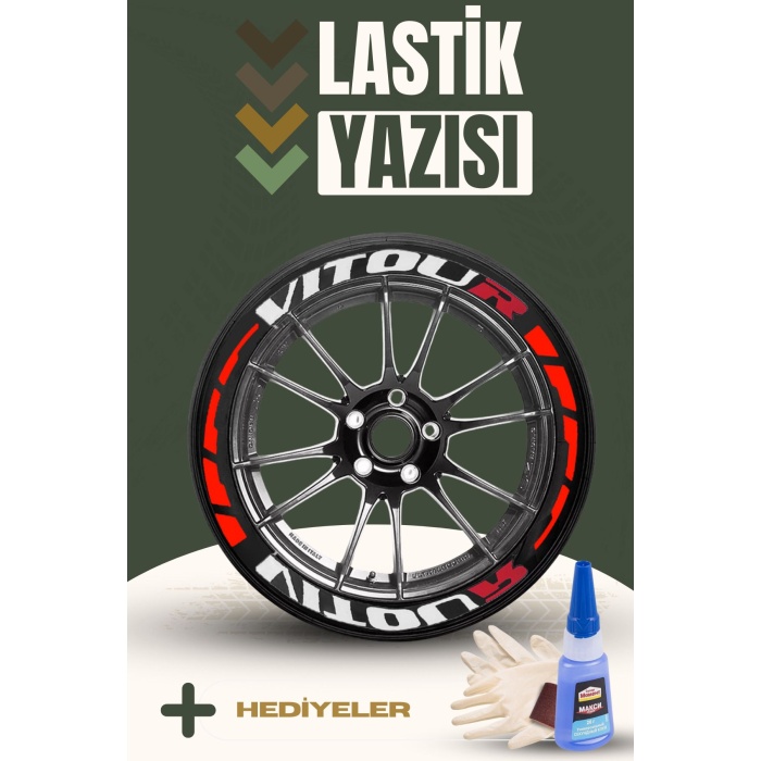 VITOUR KIRMIZI Yazılı Kırmızı Şeritli Motosiklet Ve Otomobil Lastik Yazısı Sticker Yapıştırma