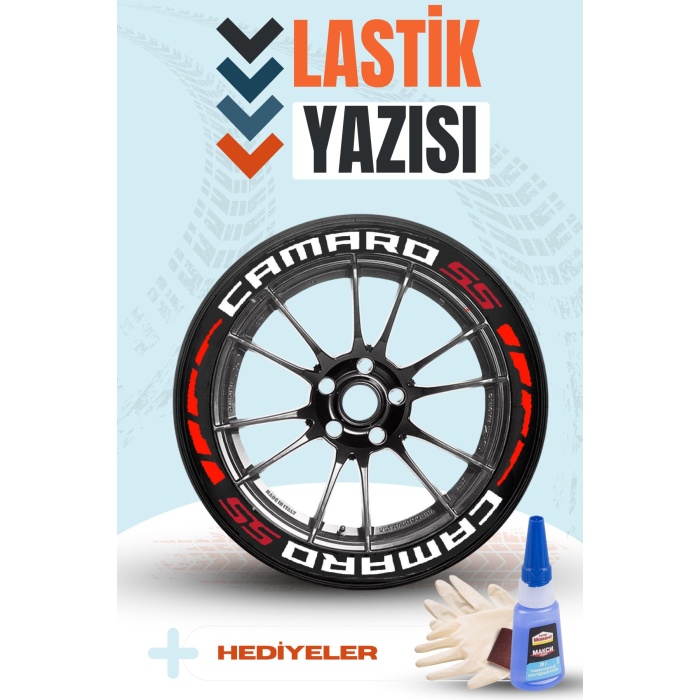 CAMARO55 Yazılı Kırmızı Şeritli Motosiklet Ve Otomobil Lastik Yazısı Sticker Yapıştırma