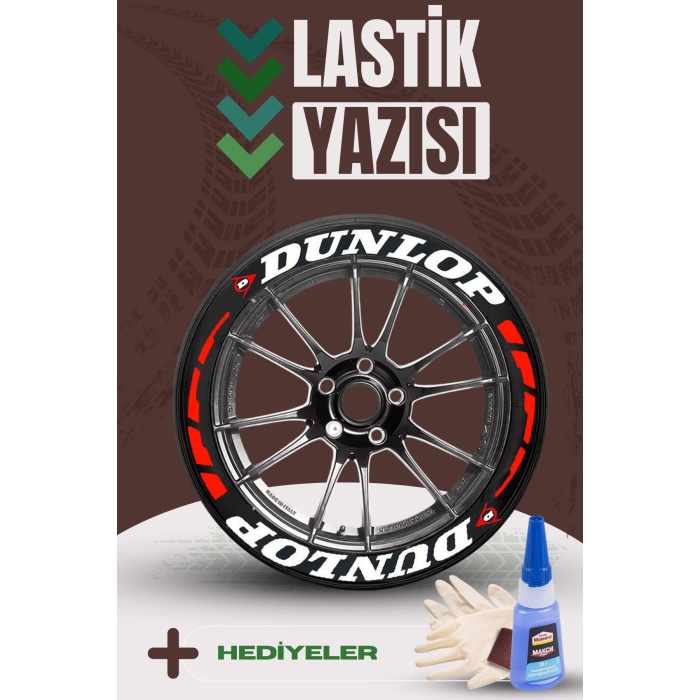 DUNLOP Yazılı Kırmızı Şeritli Motosiklet Ve Otomobil Lastik Yazısı Sticker Yapıştırma