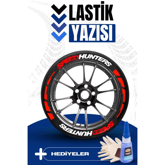 SPEEDHUNTERS KIRMIZI Yazılı Kırmızı Şeritli Motosiklet Ve Otomobil Lastik Yazısı Sticker Yapıştırma