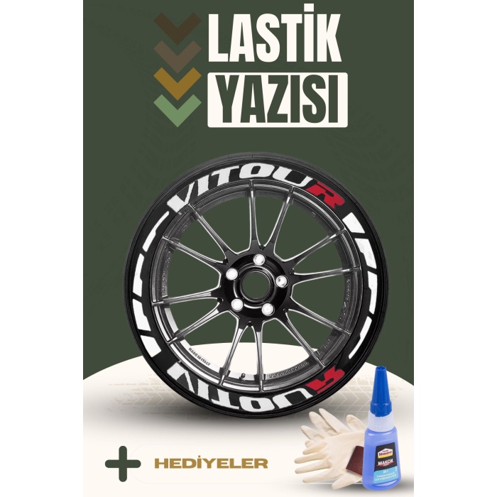 VITOUR KIRMIZI Yazılı Beyaz Şeritli Motosiklet Ve Otomobil Lastik Yazısı Sticker Yapıştırma