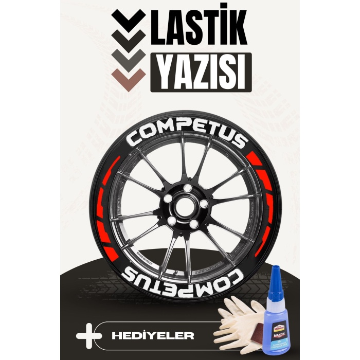 COMPETUS Yazılı Kırmızı Şeritli Motosiklet Ve Otomobil Lastik Yazısı Sticker Yapıştırma