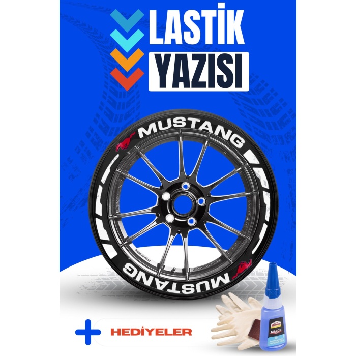 MUSTANG Yazılı Beyaz Şeritli Motosiklet Ve Otomobil Lastik Yazısı Sticker Yapıştırma