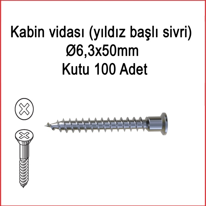 Metal galvaniz Kabin Vidası (yıldız Başlı Sivri) 06,3x50mm 100 Adet Kargo Bedava