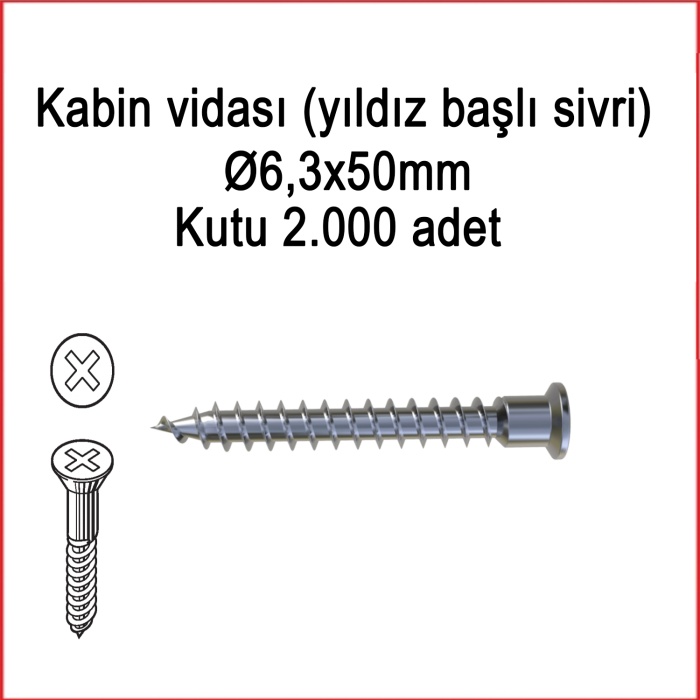 Metal galvaniz Kabin Vidası (yıldız Başlı Sivri) 06,3x50mm 1000 Adet Kargo Bedava