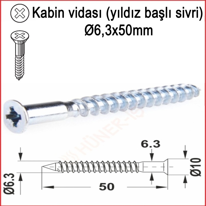 Metal galvaniz Kabin Vidası (yıldız Başlı Sivri) 06,3x50mm 1000 Adet Kargo Bedava