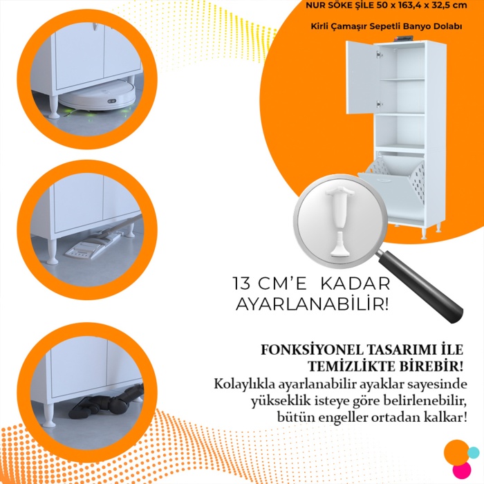  Nur Söke Şile 50 X 160 X 32,5 Cm Çamaşır Hazneli Çok Amaçlı Banyo Dolabı