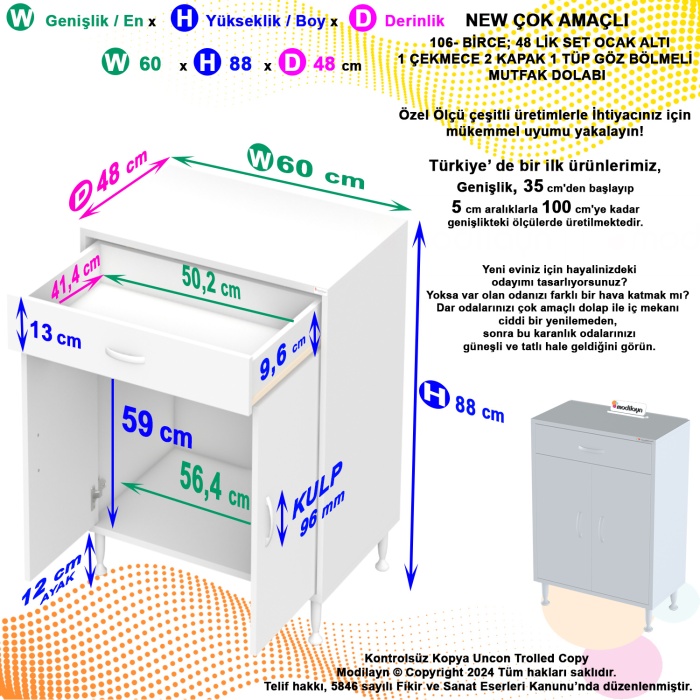  Birce 60 X 87 X 48 Cm Set Üstü Ocak Ve Tüp Bölmeli Çekmeceli Mutfak Dolabı