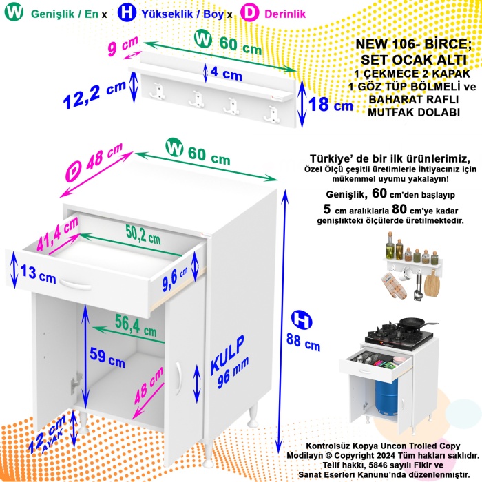  Birce 60 X 87 X 48 Cm Tüp Bölmeli Set Ocak Altı Dolap Ve Baharat Rafı