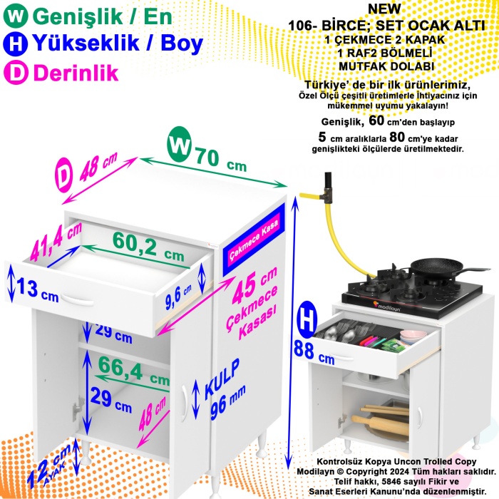 Birce 48 Lik Set Ocak Altı Dolap 70 X 87 X 48 Cm 2 Kapak 1 Raf 2 Göz Bölmeli