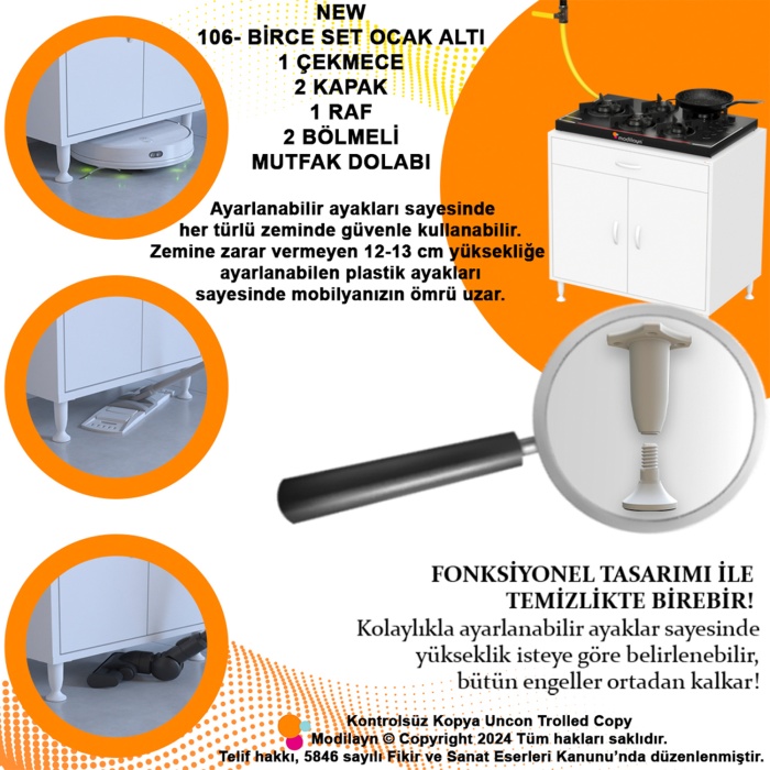 Birce 48 Lik Set Ocak Altı Dolap 70 X 87 X 48 Cm 2 Kapak 1 Raf 2 Göz Bölmeli