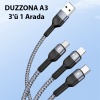 Duzzona A3 3in1 Type-C + iPhone Lightning + Micro USB 3A Hızlı Şarj Kablosu 1.3m