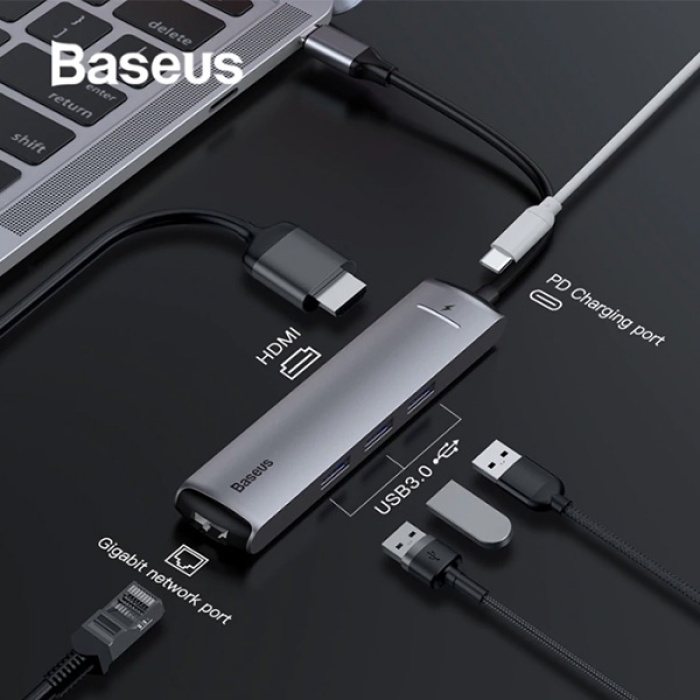 Baseus Usb Type C 6in1 HDMI 3x USB 3.0 RJ45 Çoğaltıcı Adaptör