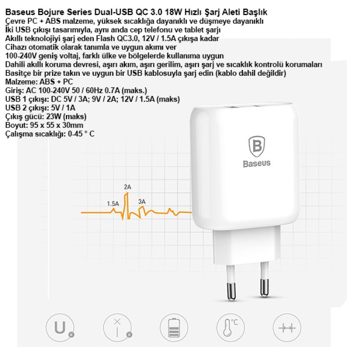 Baseus Bojure Series Dual-USB QC 3.0 18W Hızlı Şarj Aleti Başlık