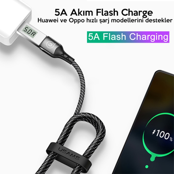 USAMS Type-C 5A Flash Hızlı Şarj Usb Kablosu Nylon Braided