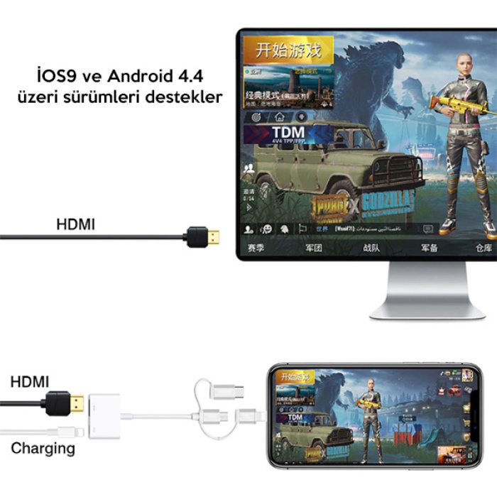 3 in1 HDMI dijital AV Adaptörü iPhone-Android-Usb type C+Micro Usb