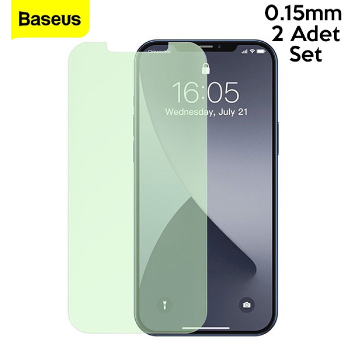 BASEUS İPhone 12 Mini 0.15mm Full Tempered Cam Ekran Koruyucu 2Set Anti-Bluelight