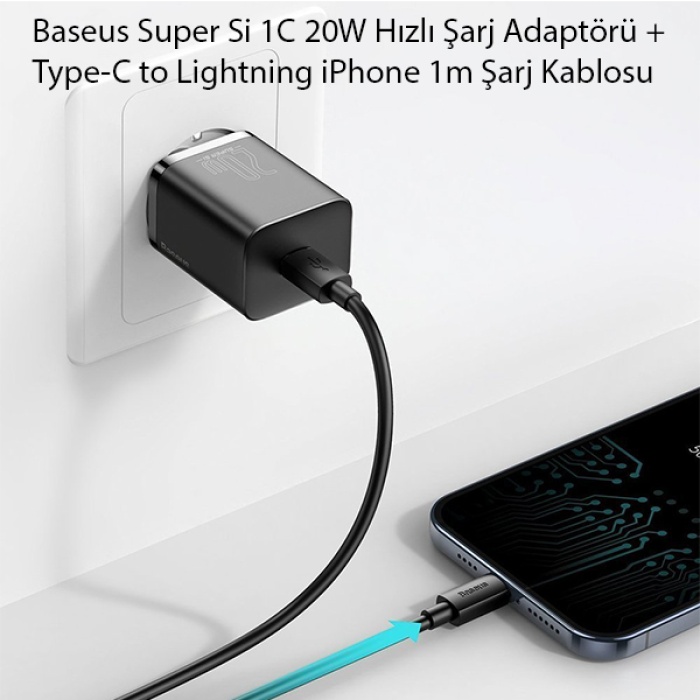 Baseus Super Si 1C 20W Hızlı Şarj Adaptörü + Type-C to Lightning iPhone 1m Şarj Kablosu