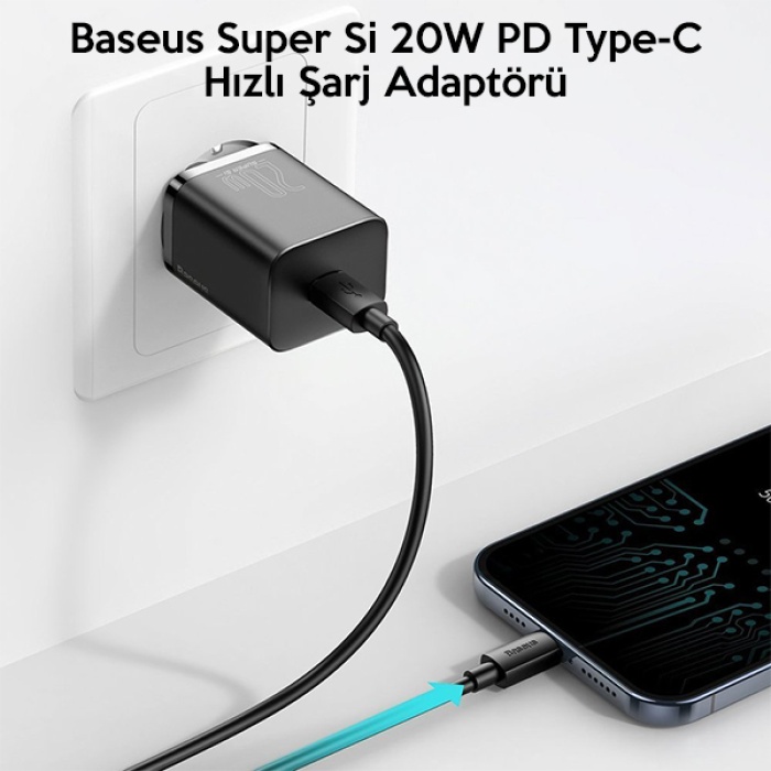 Baseus Super Si 20W PD Type-C Hızlı Şarj Adaptörü 20W İPhone 14-13- 12-11 Hızlı Şarj