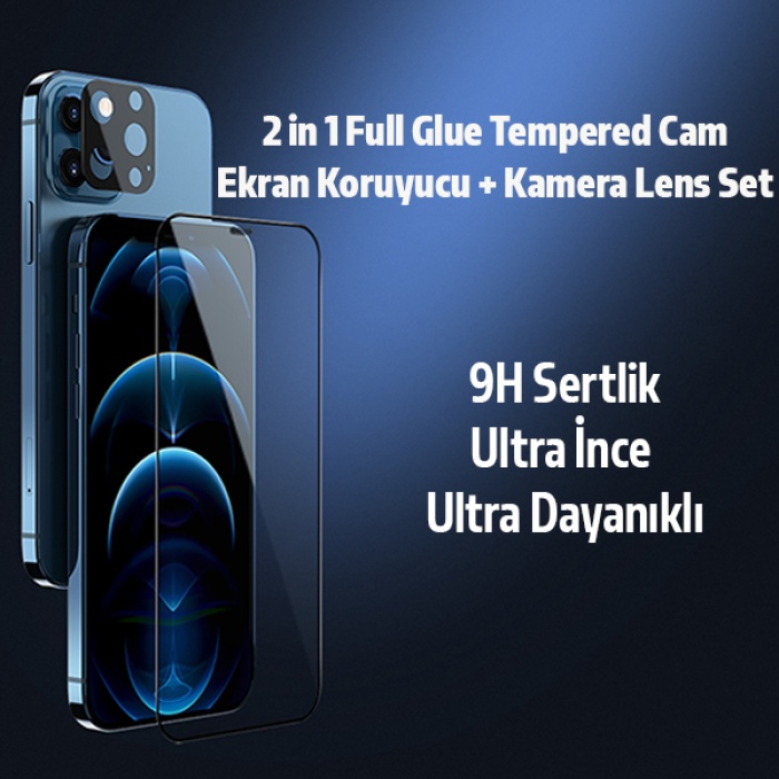 İPhone 12 Pro 2İN1 Full Glue Tempered Cam Ekran Koruyucu +Kamera Lens Set