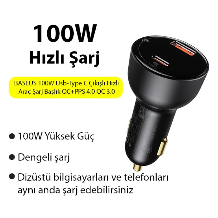 BASEUS 100W Usb -Type C Çıkışlı Hızlı Araç Şarj Başlık QC+PPS  4.0 QC 3.0