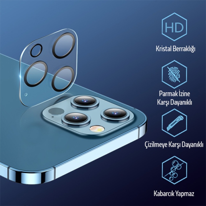 İPhone 12 Pro Max 3D Full Tempered Glass Cam Kamera Koruyucu