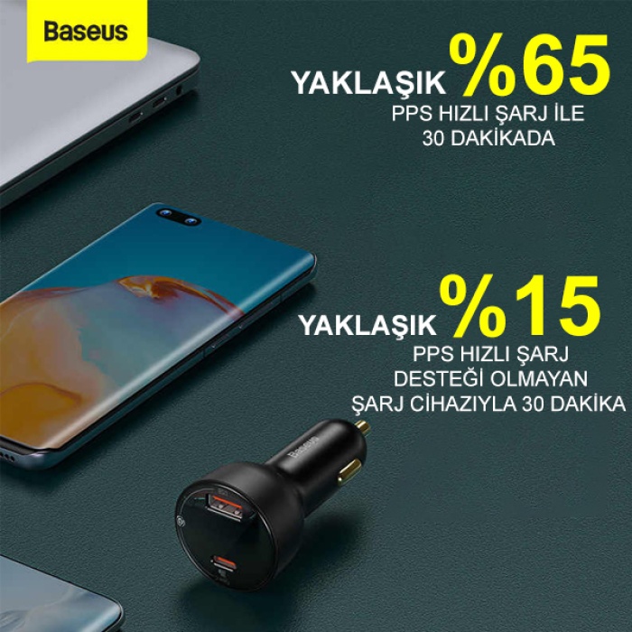 Baseus Superme Dijital Göstergeli 100W PPS USB + Type-C Girişli Hızlı Araç Şarjı ve 1m Type-C Kablo