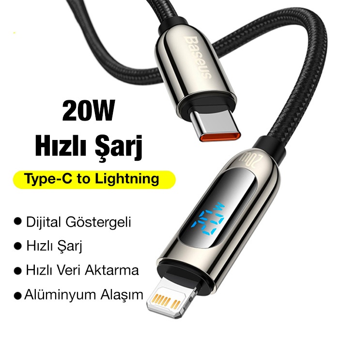 Baseus 20W Dijital Göstergeli Type-C to Lightning Hızlı Şarj Kablosu 2m