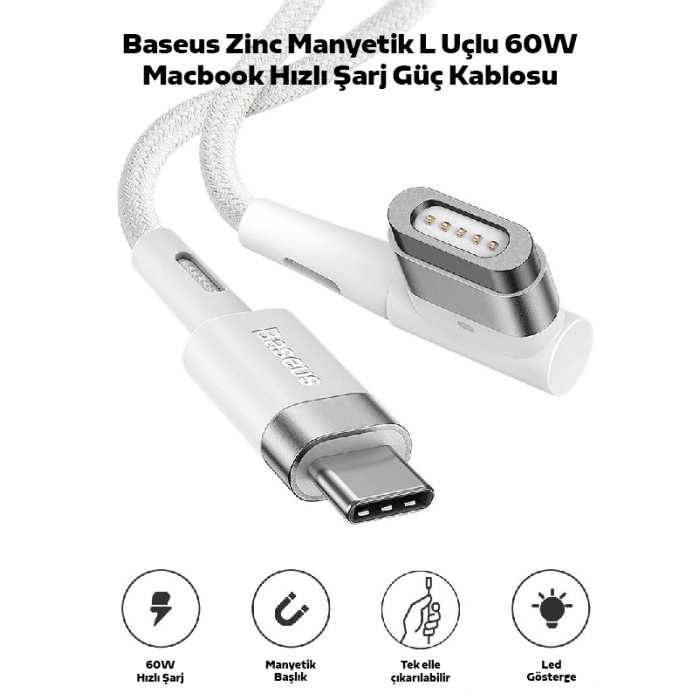 Baseus Zinc Manyetik L Uçlu 60W Macbook Hızlı Şarj Güç Kablosu 2m