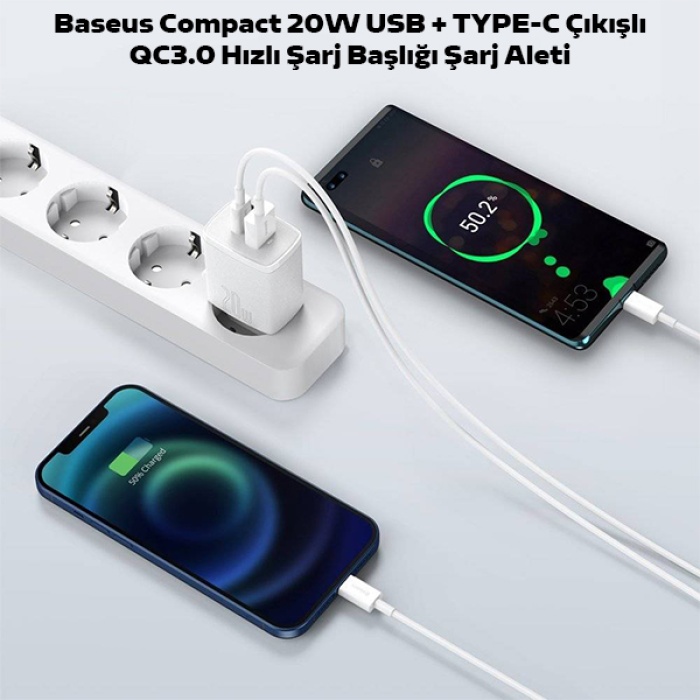 Baseus Compact 20W USB + TYPE-C Çıkışlı QC3.0 Hızlı Şarj Başlığı Şarj Aleti