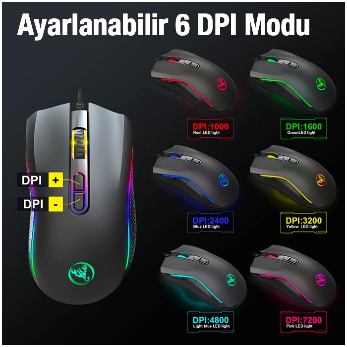 HXSJ A869 7200DPI Ayarlanabilir RGB Işık Gaming Oyuncu Mouse