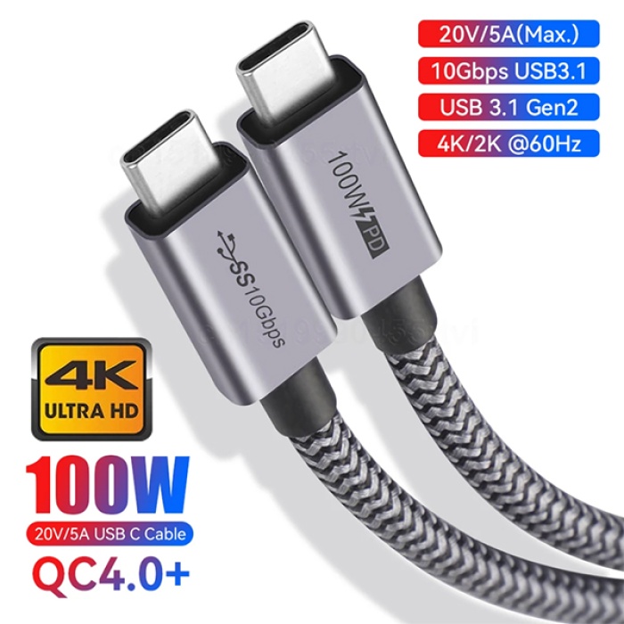 ALLY USB Type-C PD3.1 Gen2 100W(20V-5A) Hızlı Veri Şarj Kablosu QC4.0 3.0 1metre