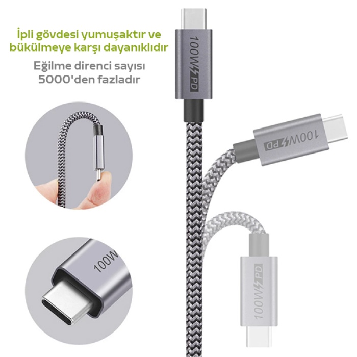 ALLY USB Type-C PD3.1 Gen2 100W(20V-5A) Hızlı Veri Şarj Kablosu QC4.0 3.0 1metre