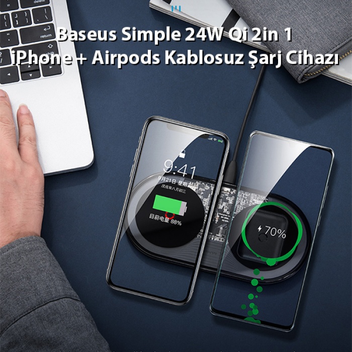 Baseus Simple 24W Qi 2in 1 iPhone + Airpods Kablosuz Şarj Cihazı