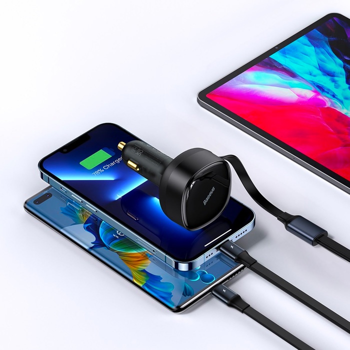 Baseus 2in1 Makaralı 30W Hızlı Şarj Type-C + Lightning iPhone Araç Şarj Cihazı