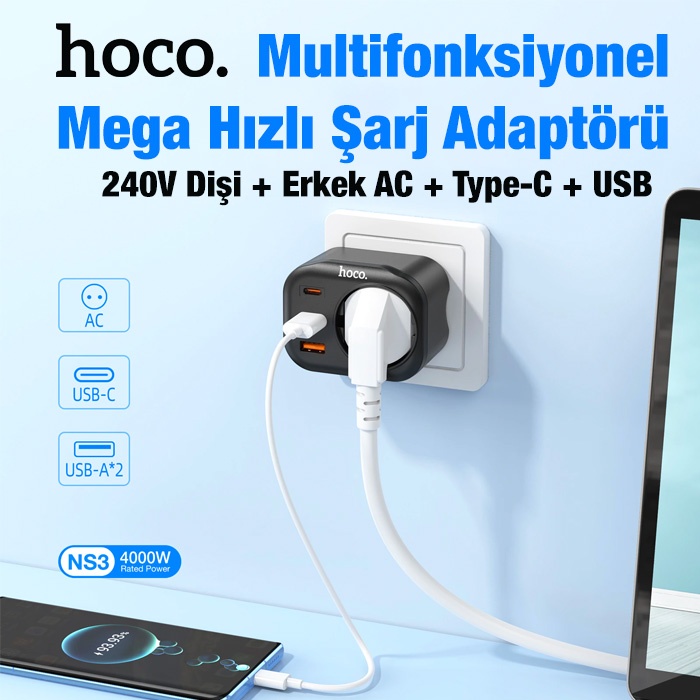 HOCO NS3 Multifonksiyonel Type-C + 2 USB + 240V Mega Hızlı Şarj Adaptörü Priz