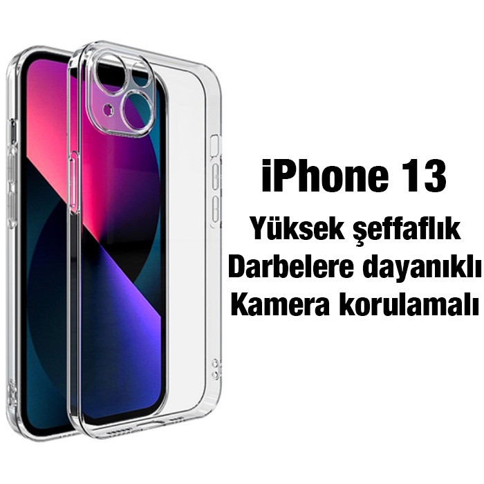 iPhone 13 6.1 inç Kılıf Kamera Korumalı Ultra İnce Şeffaf Silikon Kılıf