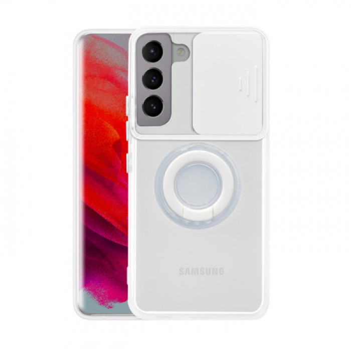 SM Galaxy S21 - S30 Kılıf Sürgülü Kamera Lens Korumalı Yüzük Standlı Silikon Kılıf