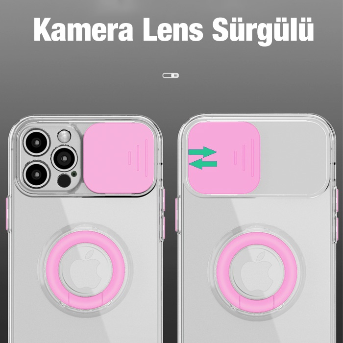 iPhone 12 Pro 6.1inç Kılıf Sürgülü Kamera Lens Korumalı Yüzük Standlı Silikon Kılıf