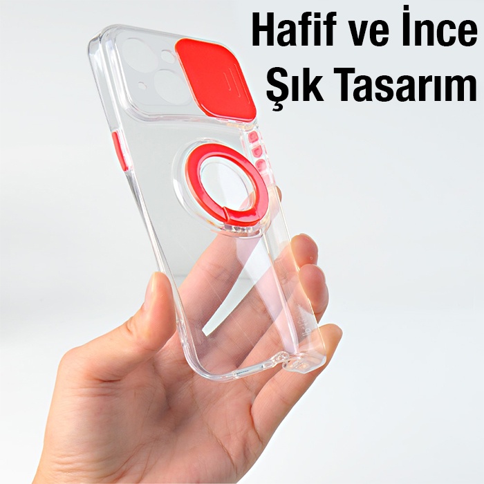 iPhone 13 Mini 5.4inç Kılıf Sürgülü Kamera Lens Korumalı Yüzük Standlı Silikon Kılıf