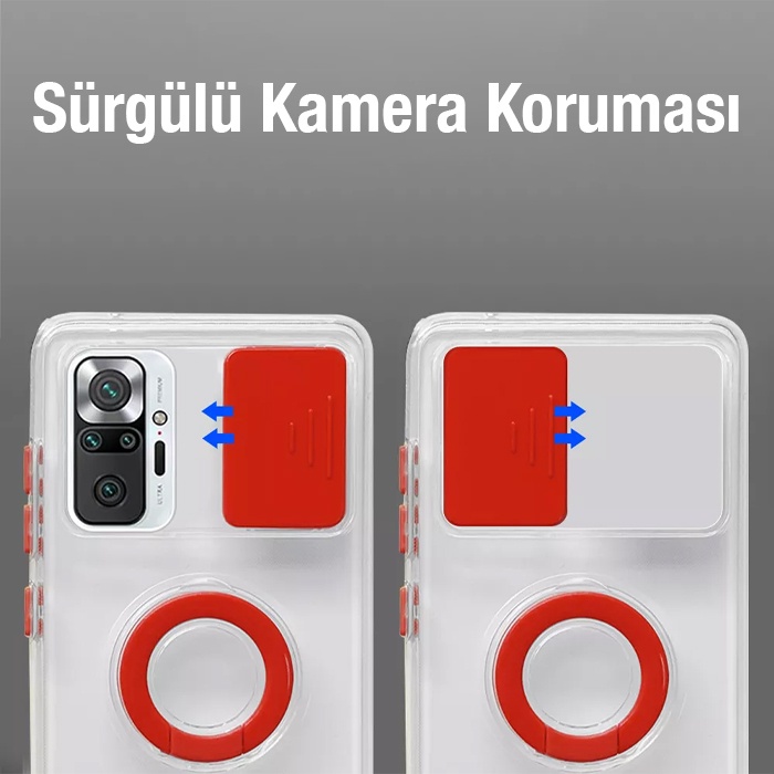 Redmi Note 10 Pro-Pro Max Kılıf Sürgülü Kamera Lens Korumalı Yüzük Standlı Silikon Kılıf