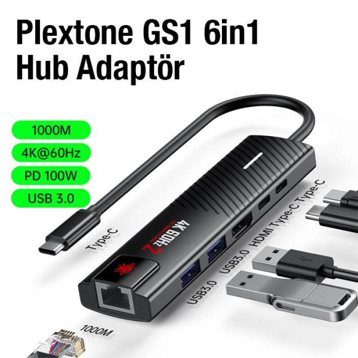 Plextone GS1 6in1 Type-c HDMI 4K-60Hz USB3.0 RJ45 100W Hızlı Şarj Hub-Çevirici Adaptör