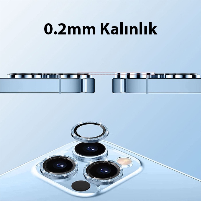 iPhone 14 Pro-14 Pro Max Diamond Taş İşlemeli Alüminyum Alaşımlı Kamera Lens Koruyucu