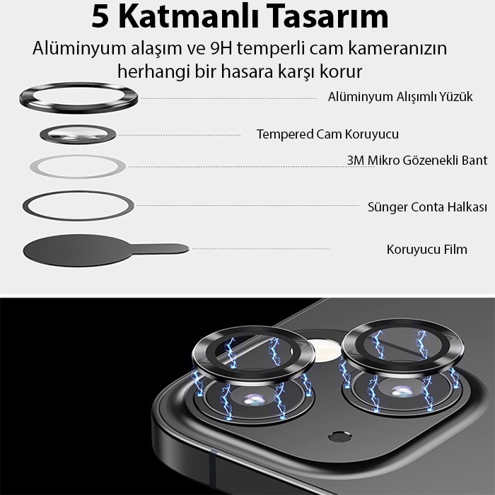 iPhone 14-14 Plus 3D Metal Çerçeveli Kamera Lens Koruyucu