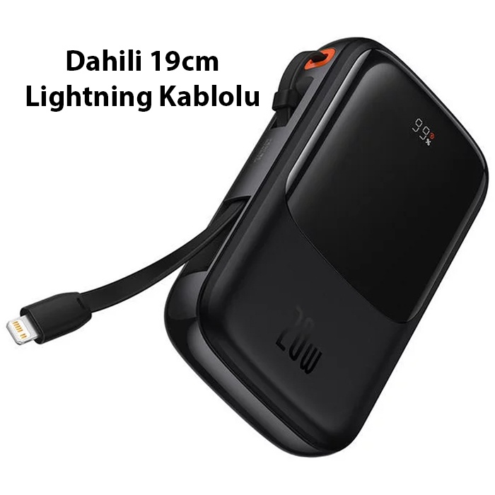 Baseus Qpow Pro Dijital Göstergeli 20000mAh 20W Hızlı Şarj Powerbank iPhone Lightning Kablolu