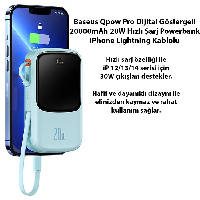 Baseus Qpow Pro Dijital Göstergeli 20000mAh 20W Hızlı Şarj Powerbank iPhone Lightning Kablolu