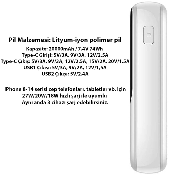 Baseus Qpow Pro Dijital Göstergeli 20000mAh 20W Hızlı Şarj Powerbank iPhone Lightning Kablolu