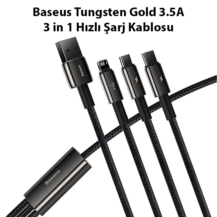 Baseus Tungsten Gold 3.5A 3 in 1 Hızlı Şarj Kablosu 1.5 Metre